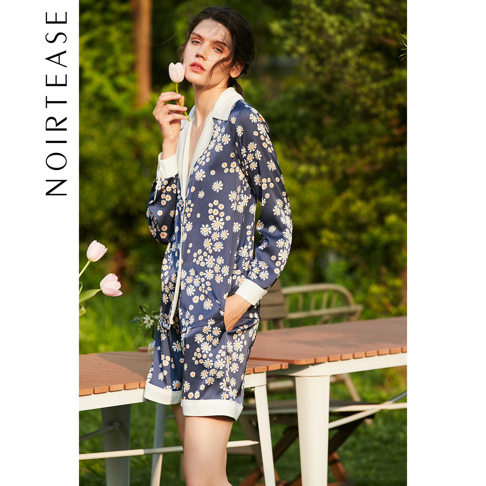 NoirTease奈黎诗春夏女士薄款法式印花家居服套装性感睡衣两
