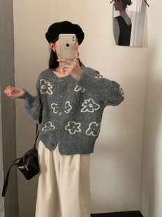 2024秋冬新款 女慵懒风毛衣外套上衣女 韩版 宽松圆领提花针织开衫