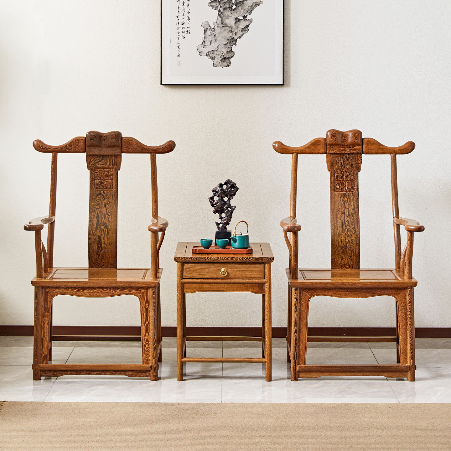 鸡翅木官帽椅实木宝座可调整按摩椅子新中式牛角椅加宽红木老板椅