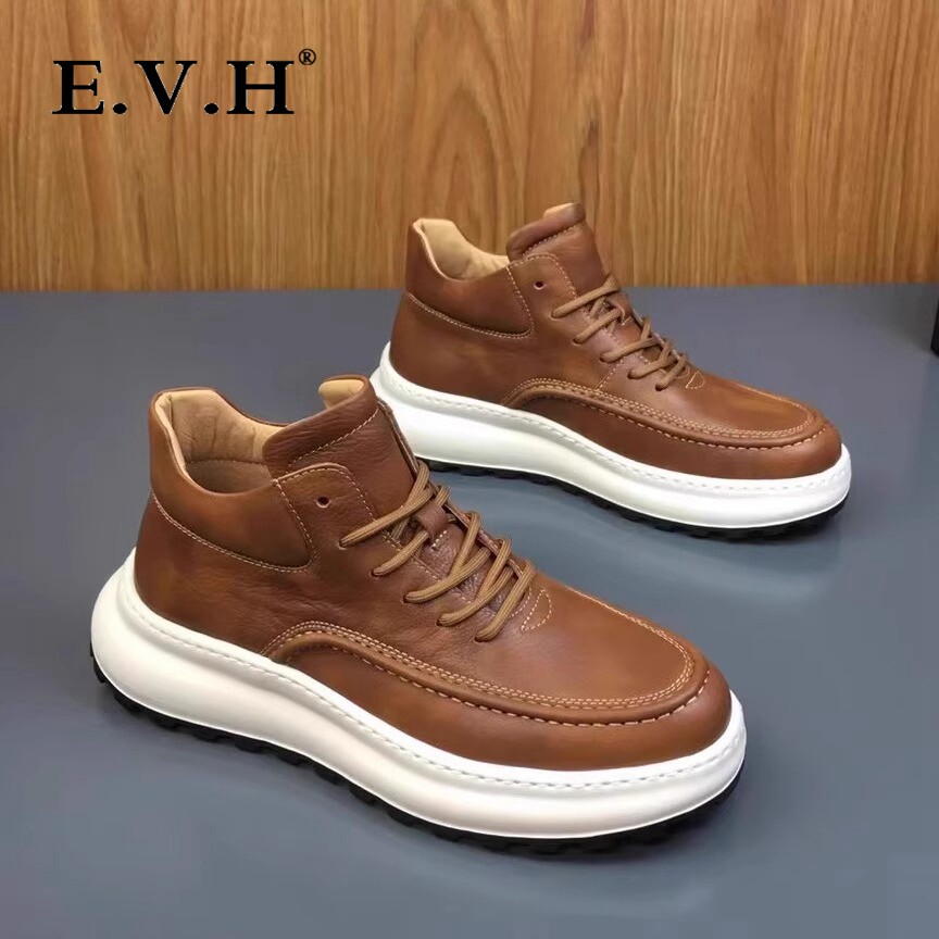 EVH2025秋季新款透气高帮休闲男鞋真皮厚底增高保暖中帮马丁靴