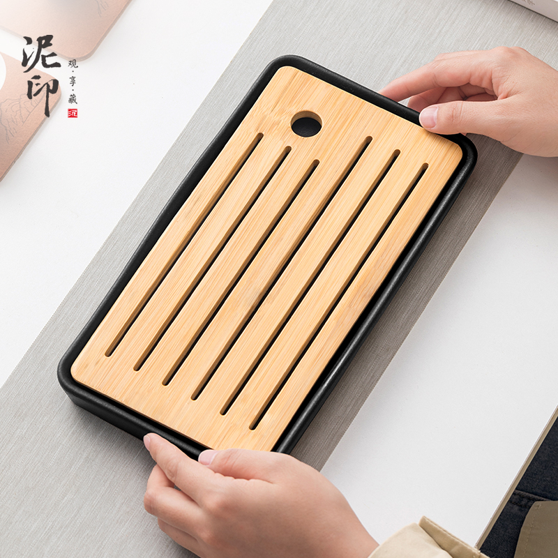 泥印简约陶瓷竹制小型茶盘