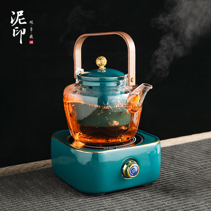 泥印金福孔雀绿办公蒸煮玻璃茶壶