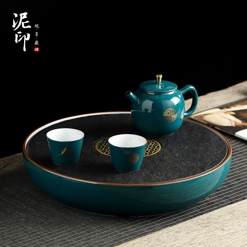 泥印高端乌金石圆形茶盘陶瓷储水干泡台茶海茶具托盘家用小型茶台