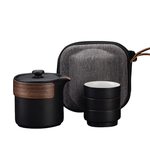 黑陶快客杯防烫木柄茶壶便携功夫茶具一壶三杯旅行茶具包定制logo