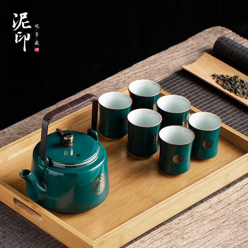 泥印金福孔雀绿提梁壶茶具套装家用客厅功夫泡茶陶瓷茶壶茶杯礼盒,餐饮具,功夫茶具,淘宝优惠券,粉丝福利购,淘宝优惠卷