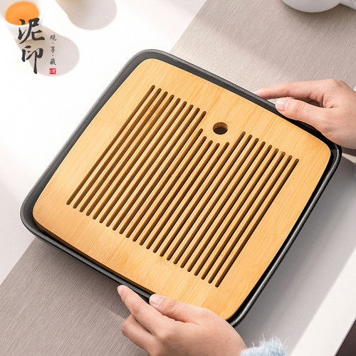 泥印简约陶瓷四方储水式茶盘