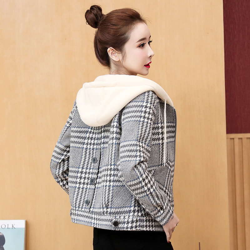 格子毛呢外套女小个子短款秋冬百搭韩版宽松时尚外穿带帽呢子夹克