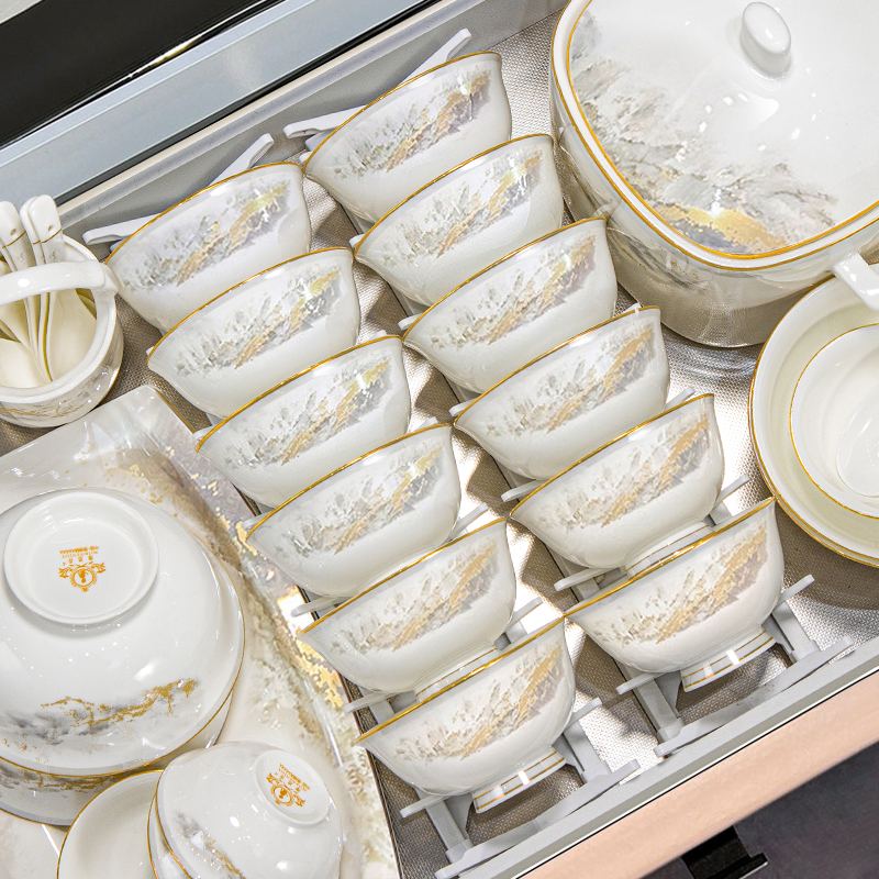 景德镇家用新款碗碟套装中式高颜值陶瓷筷子餐具套装碗盘乔迁新居