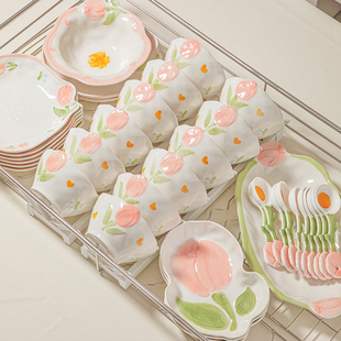 新婚礼物碗碟套装 釉下彩可爱奶油风陶瓷碗盘筷 家用高颜值餐具套装