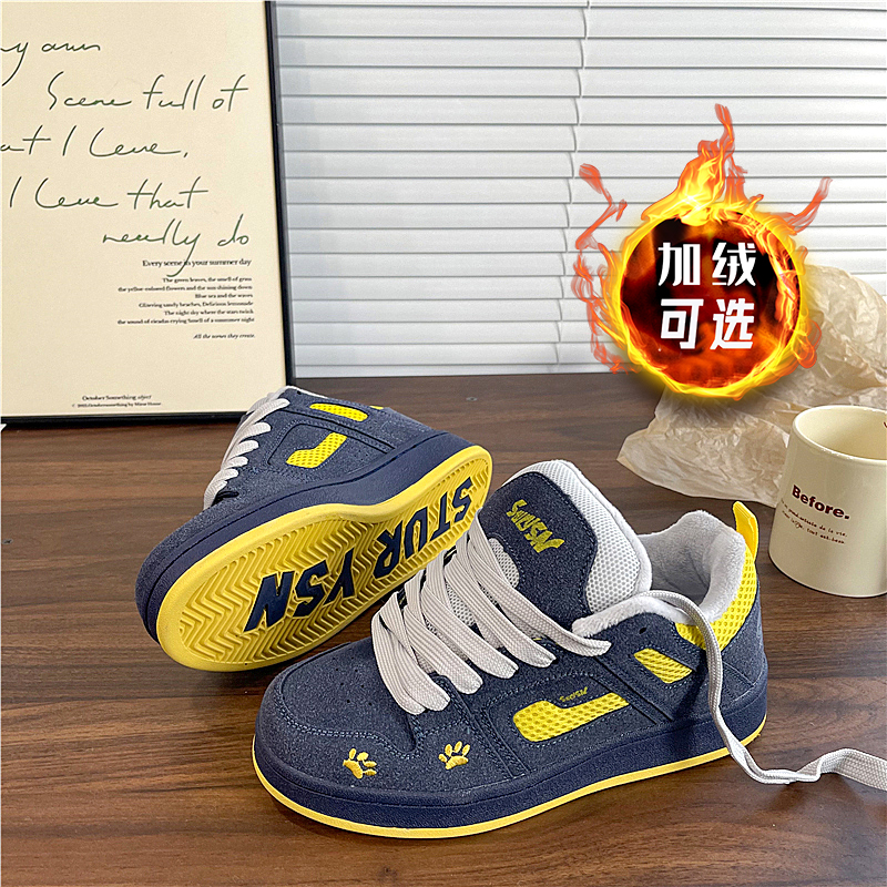 加绒棉鞋深蓝黄板鞋厚底面包鞋运动鞋女2025冬季新款保暖小白鞋男