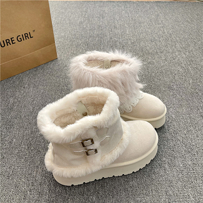 可拆卸费尔岛厚底加绒加厚雪地靴女2025冬季新款毛毛棉鞋保暖靴子