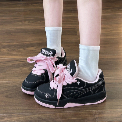 黑粉色原创小众厚底面包鞋女百搭运动休闲板鞋学生小白鞋2026新款