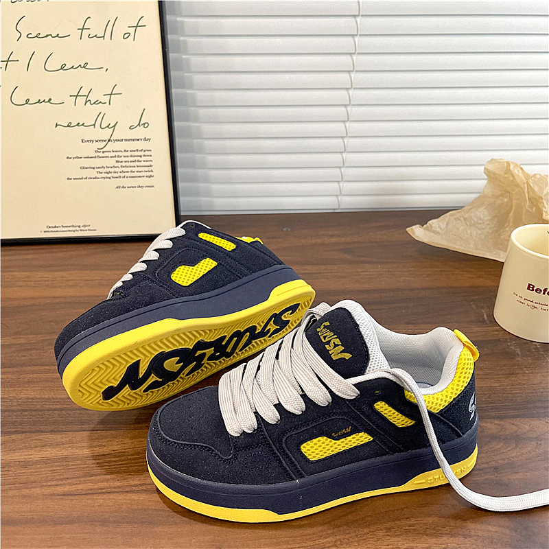 易少年 深蓝黄面包鞋女ins潮2025冬季新款板鞋小众百搭休闲小白鞋