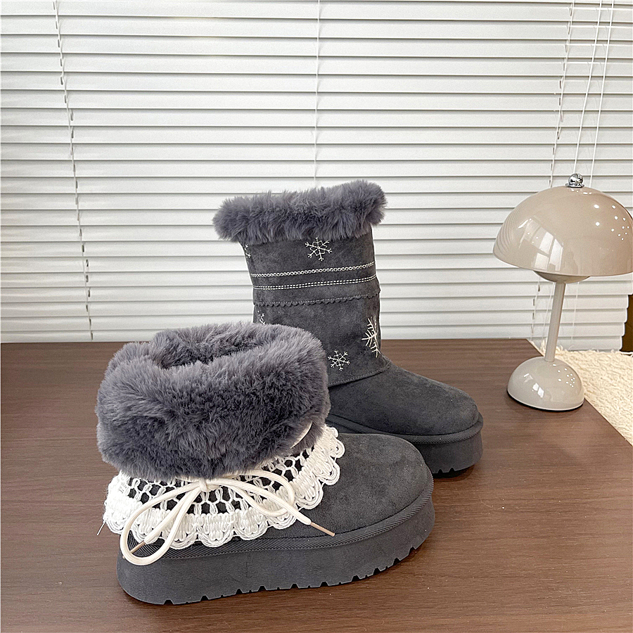 2025雪花刺绣中高筒雪地靴百搭时尚两穿可拆卸加绒保暖韩版毛毛靴