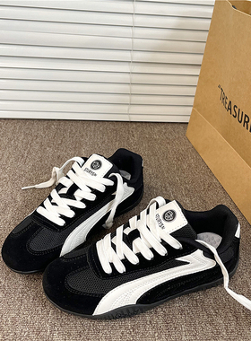 港风黑色赛车德训鞋女ins潮2025冬季新款网面情侣运动休闲鞋子男