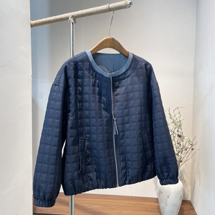 商场专柜正品牛仔圆领拼色格子长袖拉链松紧下摆夹克棒球服外套女