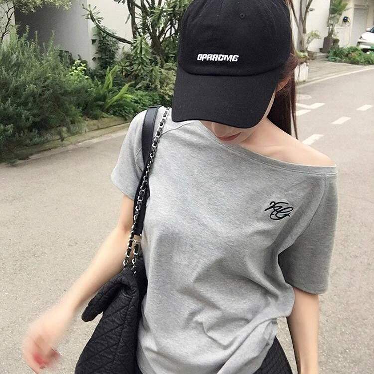 韩系ins风斜肩短袖女夏季