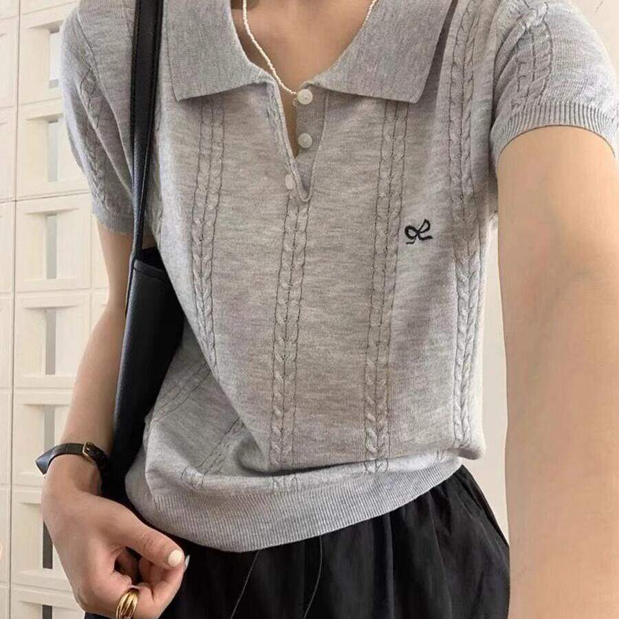 韩版灰色正肩短袖女蝴蝶