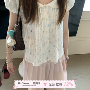 TheDouerr 娃娃领小花短袖衬衫两色入衬衫泡泡袖上衣女夏