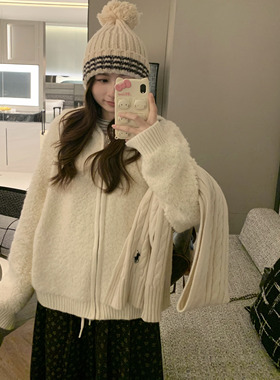 TheDouerr 绵羊咩咩拉链连帽毛衣外套长袖羊羔毛上衣