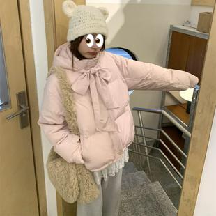 【TheDouerr 11.9 20:00】蝴蝶结飘带粉色少女短款羽绒服90白鸭绒