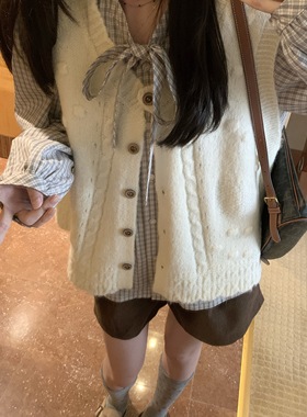 TheDouerr 米兰游记软糯米白麻花百搭针织马甲无袖上衣背心毛衣