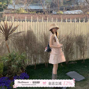 TheDouerr 樱花初恋设计感小个子粉色花边无袖背心裙连衣裙