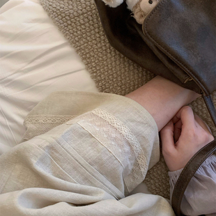 垂坠感透气休闲裤 TheDouerr 悠闲小调米色苎麻镂空花边长裤