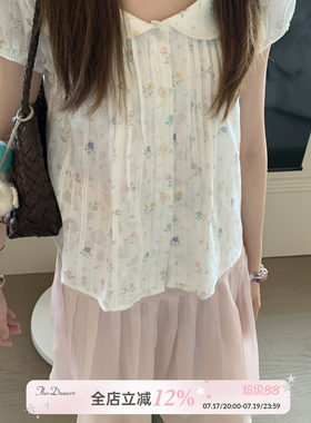 TheDouerr 娃娃领小花短袖衬衫两色入衬衫泡泡袖上衣女夏