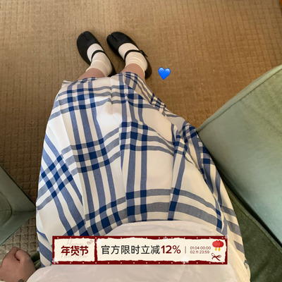 TheDouerr 蓝格百褶裙中长裙学院风a字半身裙设计感