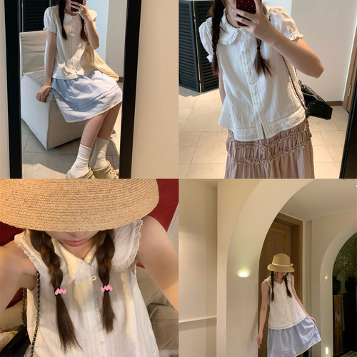 TheDouerr  少女感纯白镂空挖肩短袖上衣无袖娃娃领衬衫