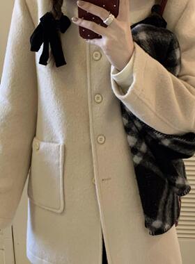 TheDouerr 韩国小姐姐单排扣小圆领中长款毛呢玉米黄大衣温柔软糯