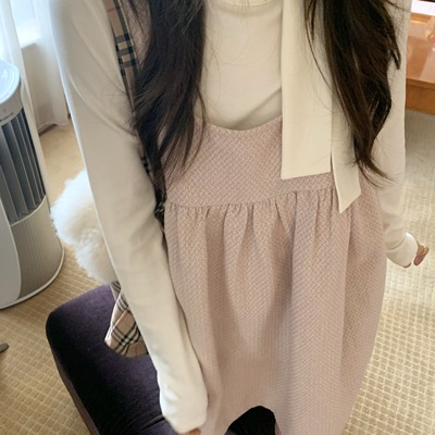 TheDouerr 奶白飘带领长袖T恤打底衫百搭上衣