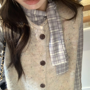 TheDouerr wan能好搭格纹飘带领长袖打底t恤长袖修身