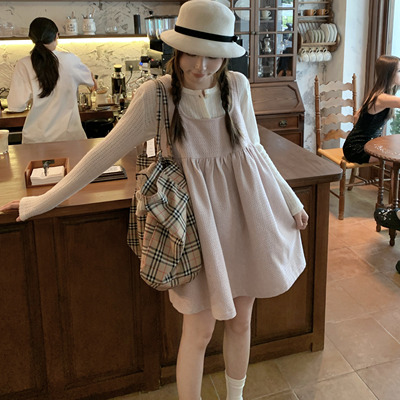 TheDouerr 少女粉编织毛呢娃娃背心裙连衣裙甜美