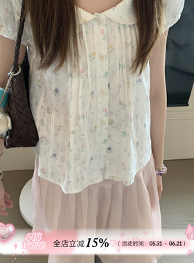 TheDouerr 娃娃领小花短袖衬衫两色入衬衫泡泡袖上衣女夏
