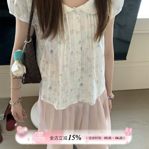 TheDouerr 娃娃领小花短袖衬衫两色入衬衫泡泡袖上衣女夏