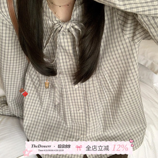 TheDouerr  暗夜缪斯黑白格飘带叠穿衬衫长袖宽松休闲