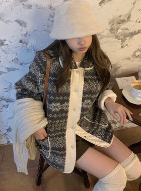 TheDouerr 乖乖领费尔岛深灰羊羔毛夹棉外套冬长袖