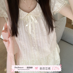 TheDouerr 糖果屋粉色碎花娃娃领蕾丝短袖上衣