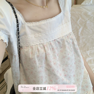 TheDouerr 甜音少女温柔风白碎花方领碎花拼接短袖上衣宽松娃娃衫