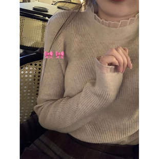 显瘦女装 修身 内搭上衣 bi眼入百搭燕麦花边堆堆领针织衫 TheDouerr