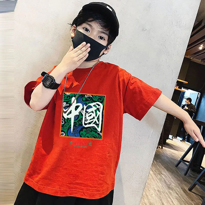大红色中国字印花男童宽松短袖t恤中国风中大儿童装纯棉落肩半袖