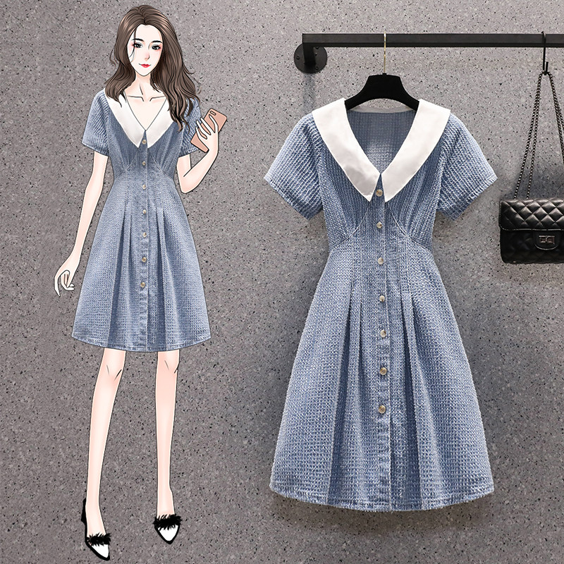 【微胖女生穿搭】新款夏大码韩版显瘦时髦娃娃领显瘦牛仔连衣短裙