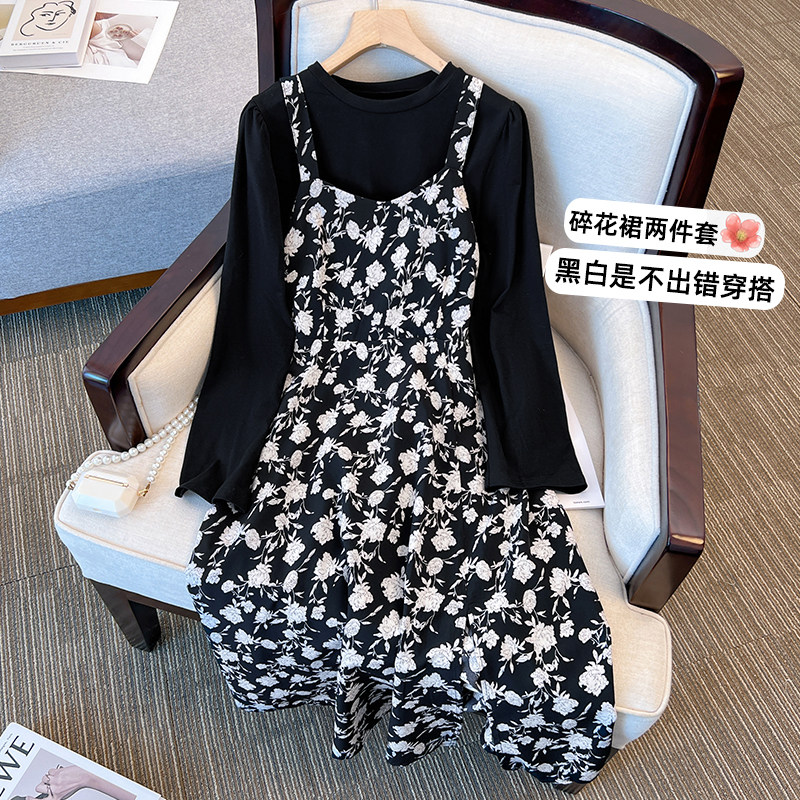 【微胖女孩穿搭】新款大码初秋时尚显瘦减龄气质碎花连衣裙两件套