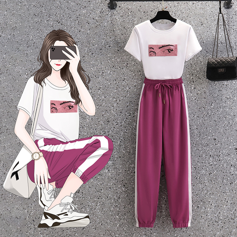 【微胖女神穿搭】大码女装显瘦套装夏新款休闲运动减龄显瘦束脚裤