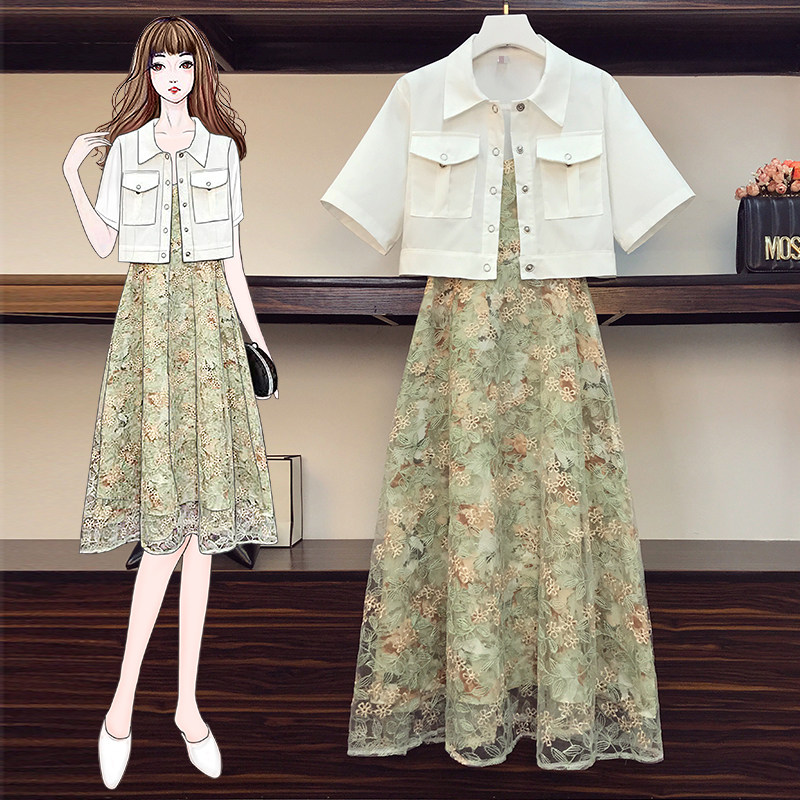 【微胖女孩穿搭】大码连衣裙女2022夏新款显瘦减龄防晒衫两件套装