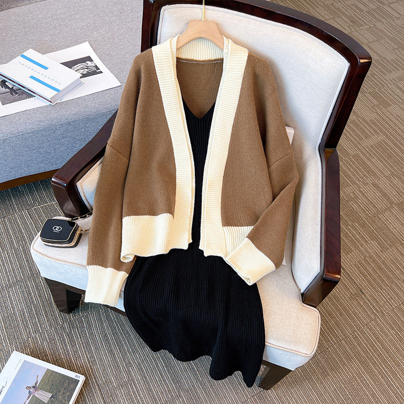 [살찐 여신들을 위한 의상] 라지사이즈 신작 봄 가을 서스펜더 드레스 가디건 배색 니트 자켓 투피스 세트