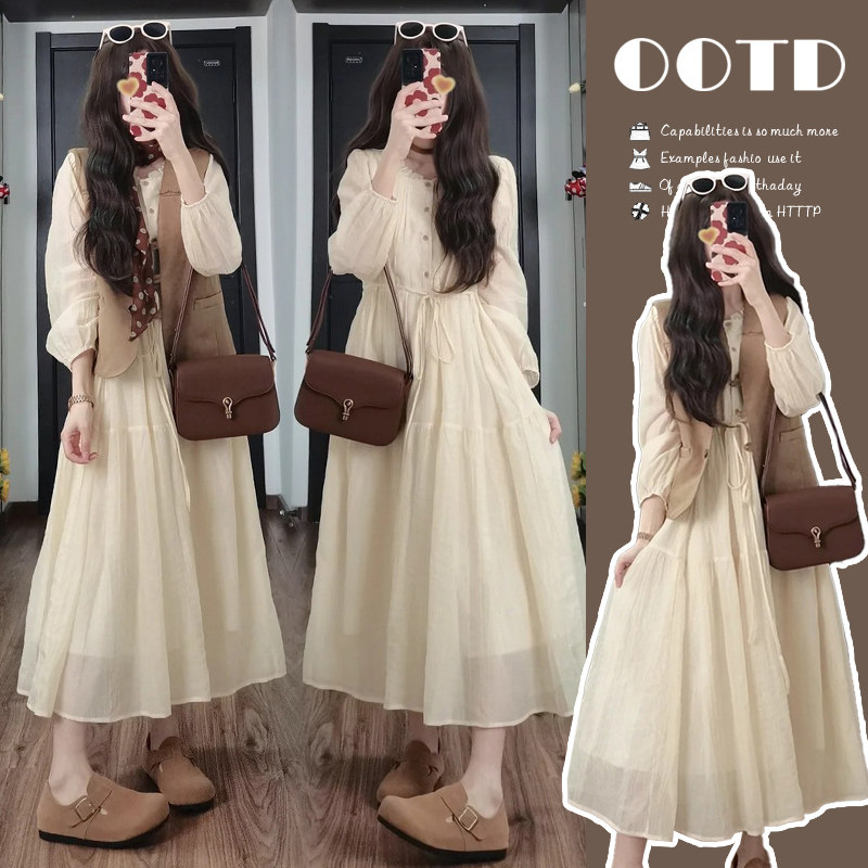 春季搭配一整套新款马甲外套连衣裙子韩系外出旅游穿搭两件套