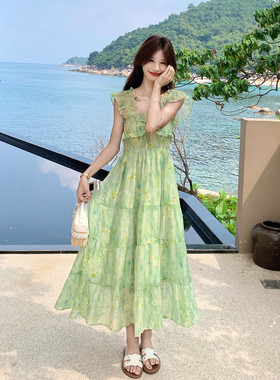  RX锐序 绿色晕染碎花飞袖蛋糕长裙海边度假收腰连衣裙绝美